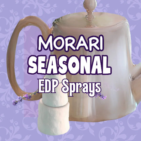 White teapot with 'Morari Seasonal EDP Sprays' text on a purple floral background